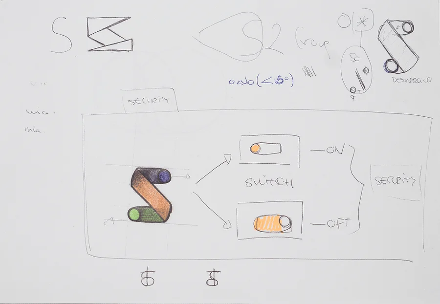 Sketchbook page 12: the S as a switch: on, off, security