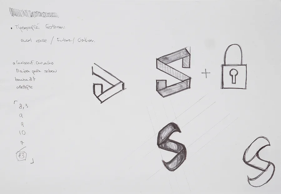 Sketchbook page 1: a padlock and an S drawn as a solid ribbon