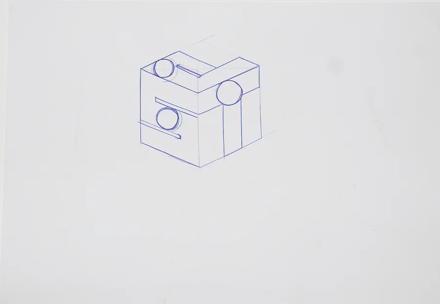 Sketchbook page 5: a cube built from interlocking blocks, in blue ink