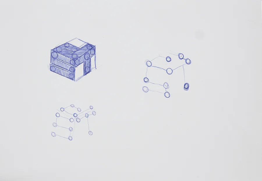 Sketchbook page 10: a cube of connected dots, in blue ink