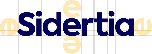 The Sidertia wordmark on its construction grid, with the e rotated four ways around the word to set its proportions