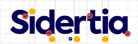 The Sidertia wordmark on its construction grid, with the cut points, alignments and a 1° angle marked