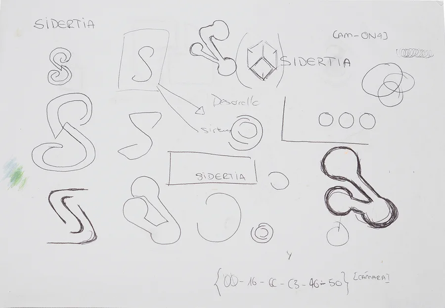 Sketchbook page 2: S shapes, a cube, and the name Sidertia in early lettering