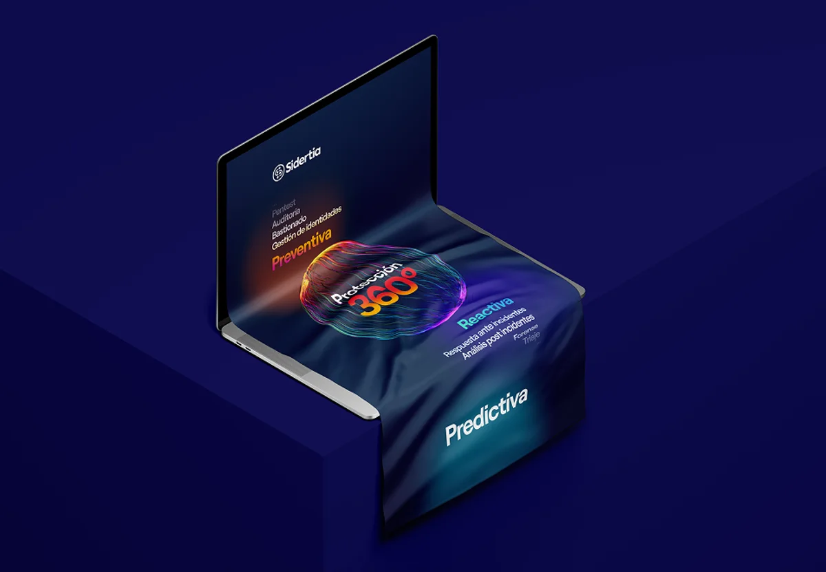 A laptop showing the Protección 360° screen: preventive, reactive, predictive