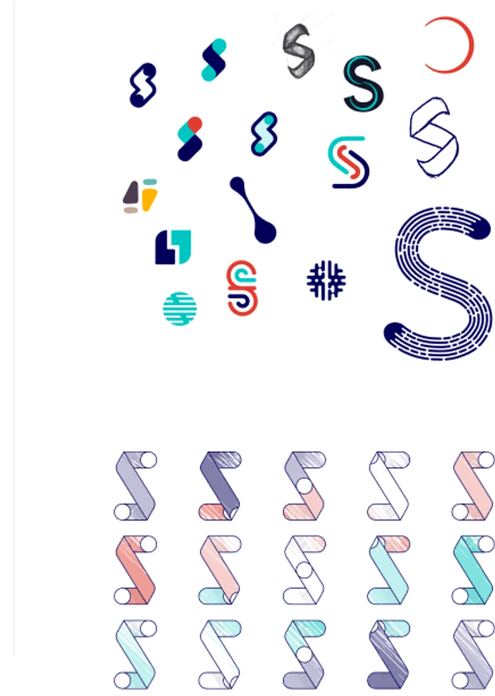 Dozens of S symbol sketches in navy, teal and red, and the S explored as a folded ribbon in a grid — the previous ideas for the isotype.