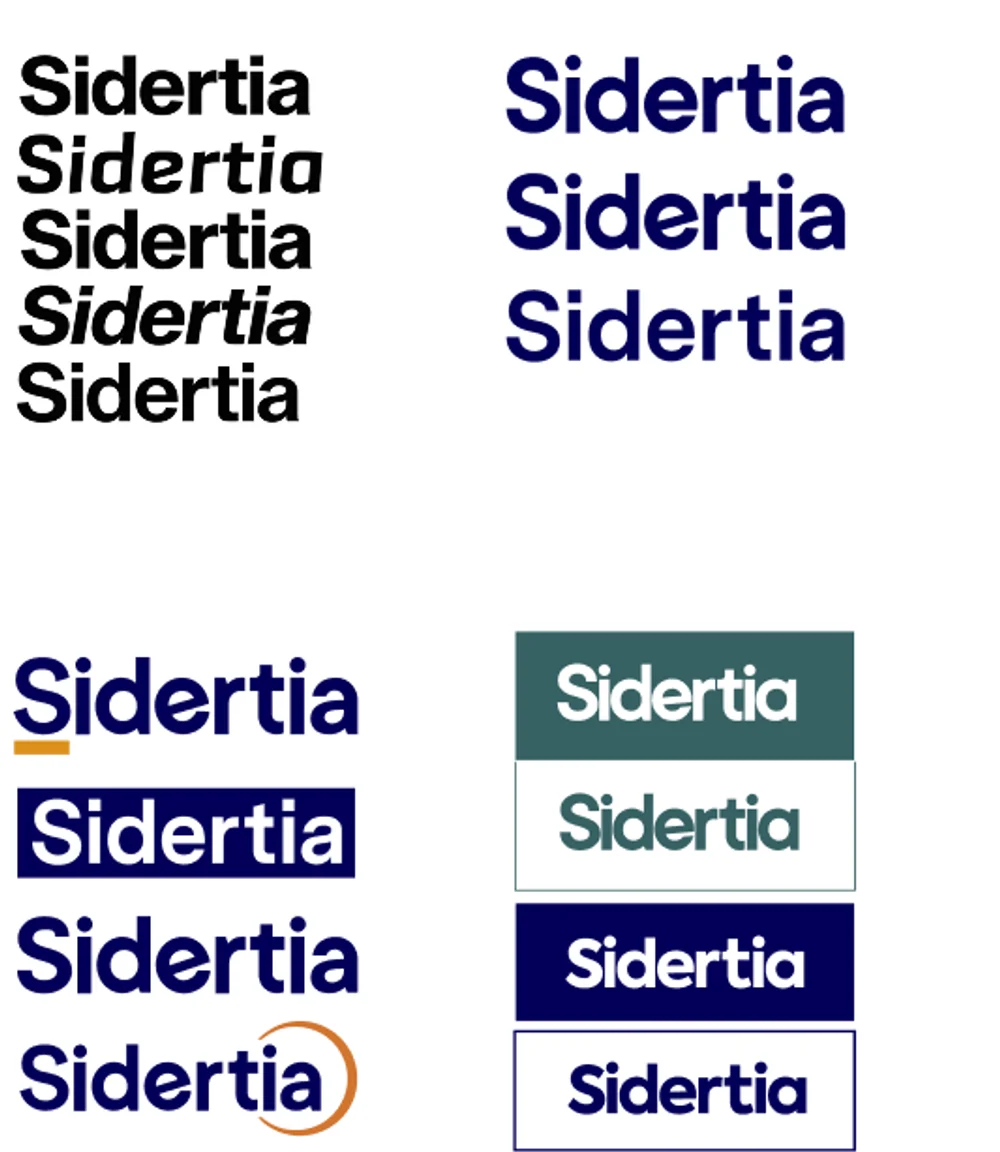 The Sidertia wordmark explored: five weights, three navy versions, and lockups — underlined, boxed, outlined and with an orange ring.