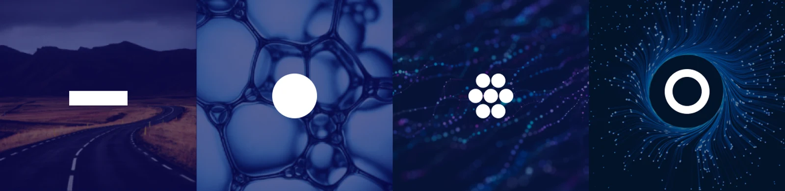 Four value pictograms over brand-tinted photography: a bar over a road, a dot over bubbles, a cluster over particles, a ring over a swirl of light.