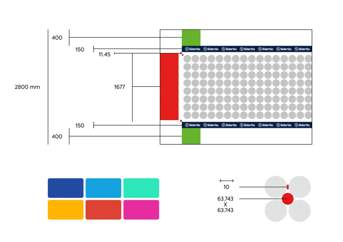 Technical drawing of the vinyl: wall height 2800 mm, 400 mm clear bands top and bottom, 150 mm branded bands, the dot grid and the six dot colours